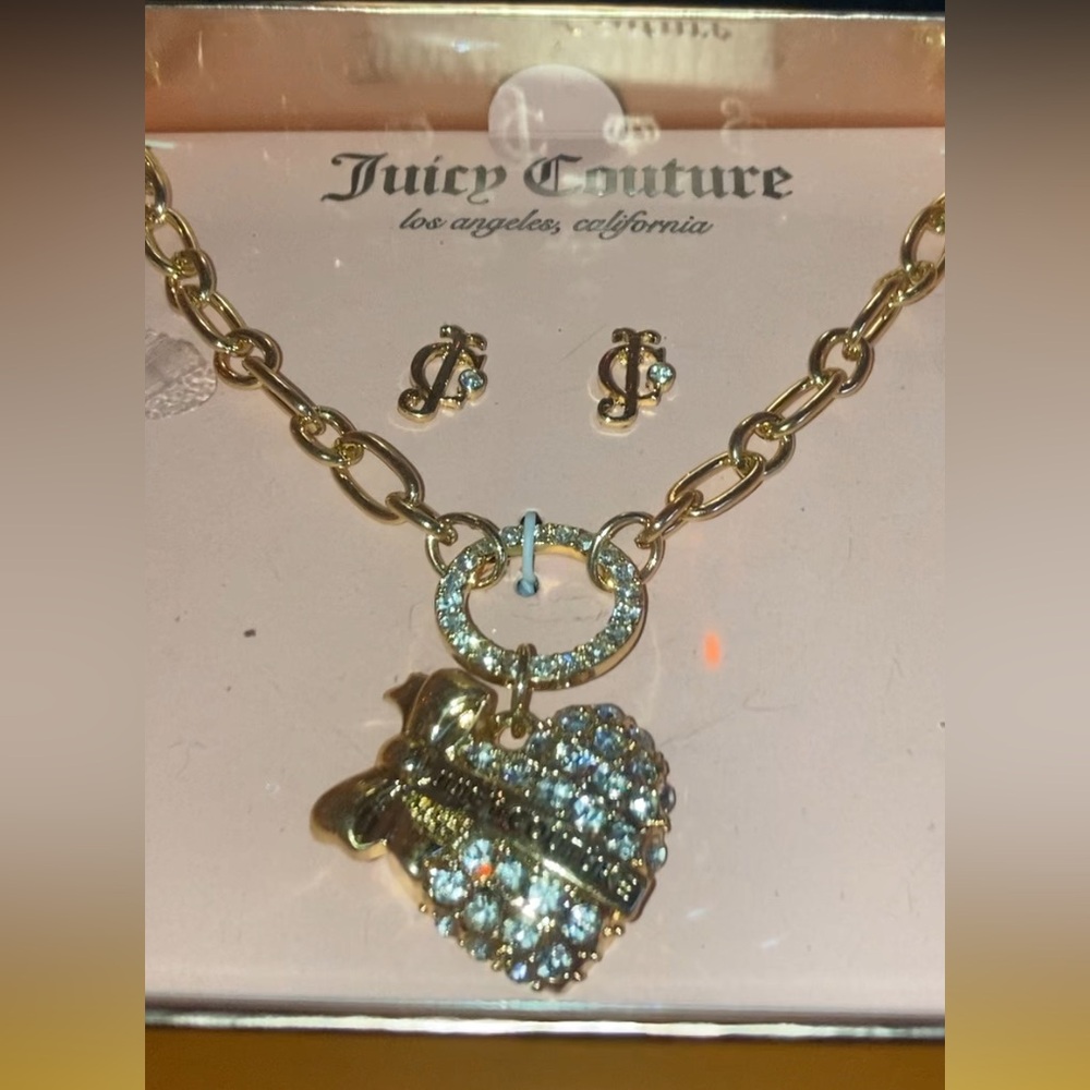 Juicy Coutour Gold & Stones Banner Heart Necklace & Earrings  | Gift Set